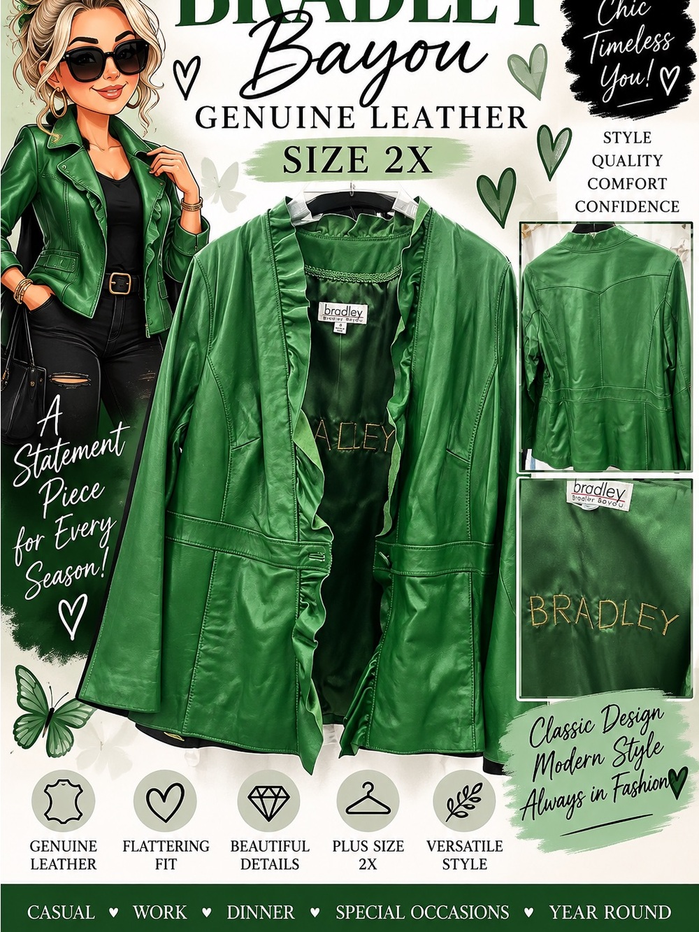 Bradley Bayou 2X Green Genuine Leather Ruffle Jacket Blazer Plus Size P2P 25.5